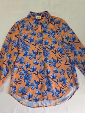 Elie Elie Tahari Floral Satin Blouse in Blue & Orange Small